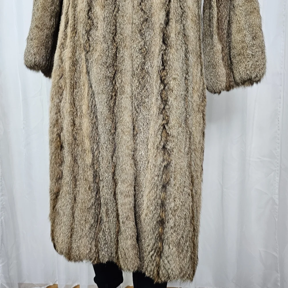 Real Fur Brown Tan Beaver Coat Fluffy Collar Glam